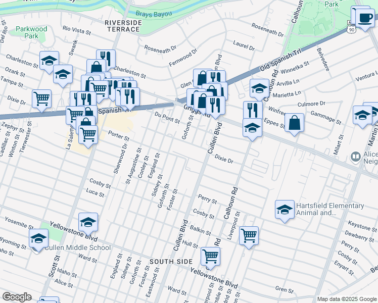 map of restaurants, bars, coffee shops, grocery stores, and more near 4300 Dixie Drive in Houston