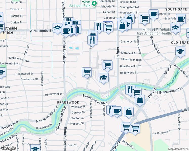 map of restaurants, bars, coffee shops, grocery stores, and more near 7527 Brompton Road in Houston