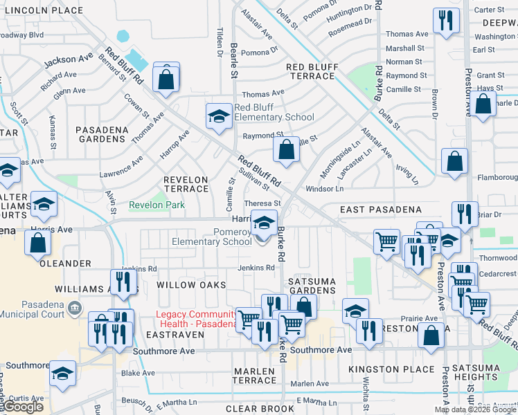 map of restaurants, bars, coffee shops, grocery stores, and more near 2011 Theresa Street in Pasadena