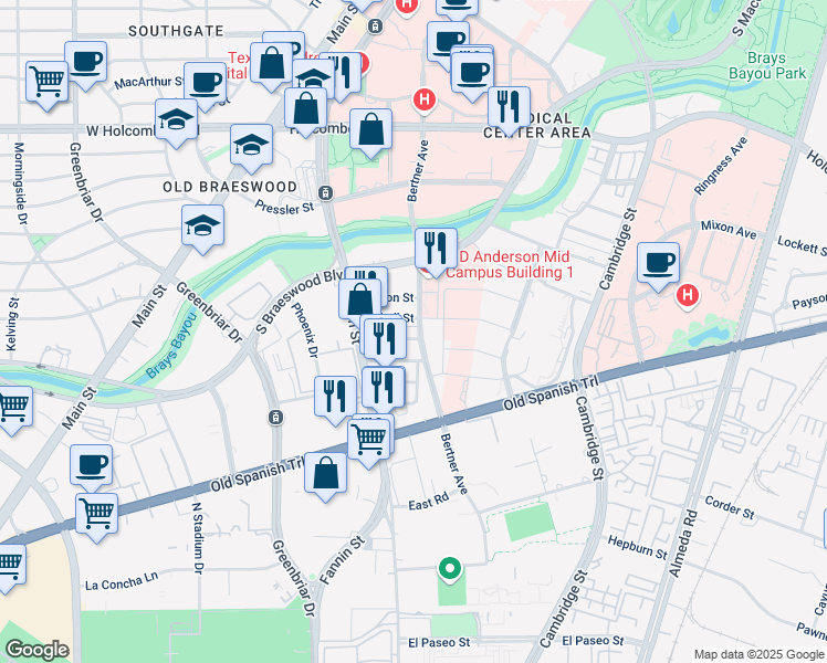 map of restaurants, bars, coffee shops, grocery stores, and more near 1119 Lehall Street in Houston