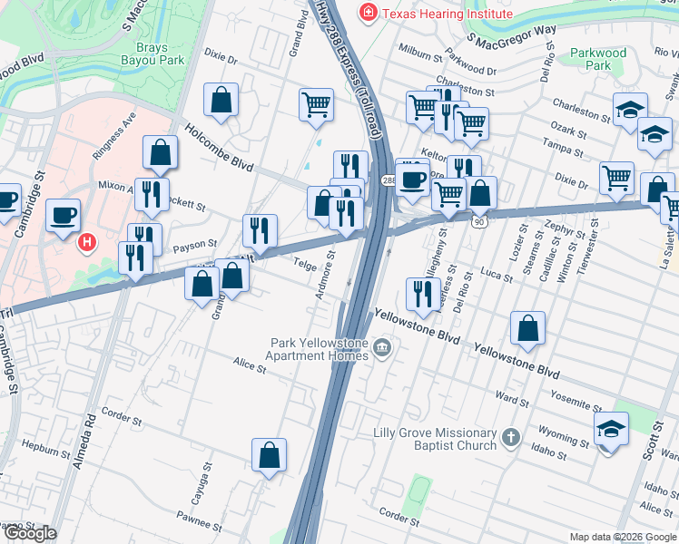 map of restaurants, bars, coffee shops, grocery stores, and more near 6897 Ardmore St in Houston