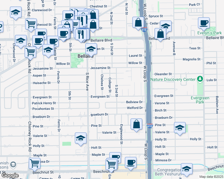 map of restaurants, bars, coffee shops, grocery stores, and more near 535 College Street in Bellaire