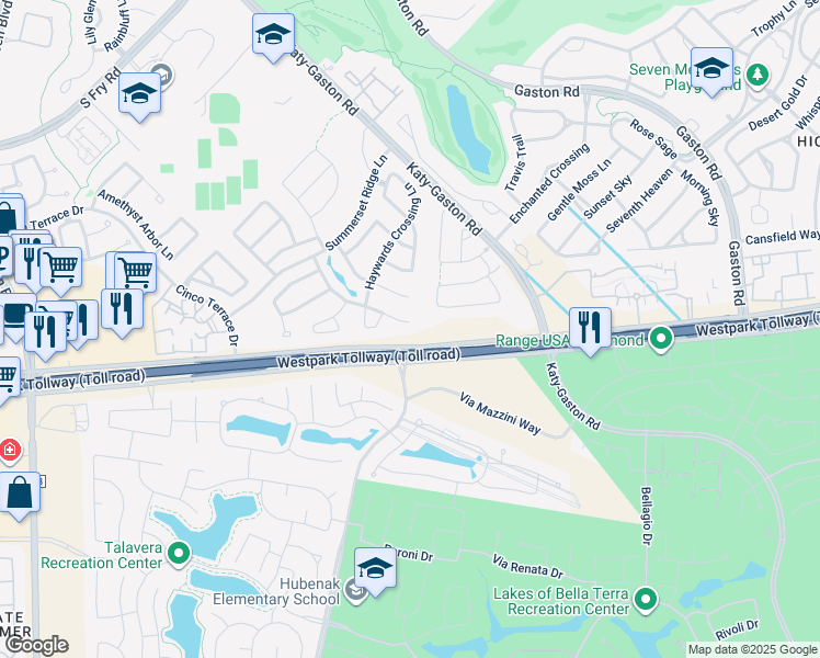 map of restaurants, bars, coffee shops, grocery stores, and more near 6439 Calgary Woods Lane in Katy