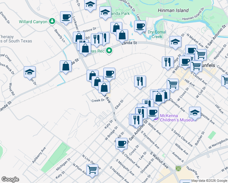 map of restaurants, bars, coffee shops, grocery stores, and more near 1150 Turtle Trail in New Braunfels