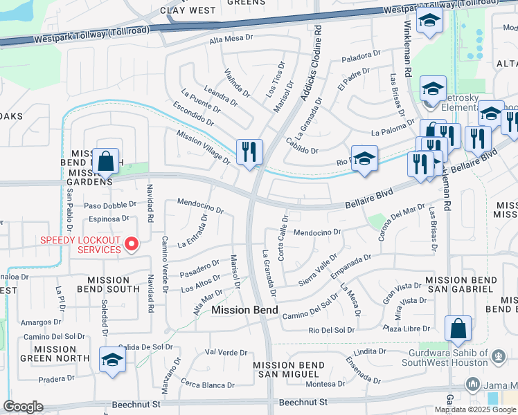 map of restaurants, bars, coffee shops, grocery stores, and more near 15777 Bellaire Boulevard in Houston
