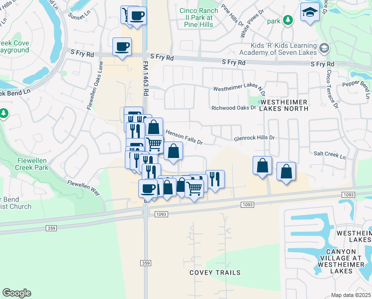 map of restaurants, bars, coffee shops, grocery stores, and more near 6423 Sweet Orchid Lane in Katy
