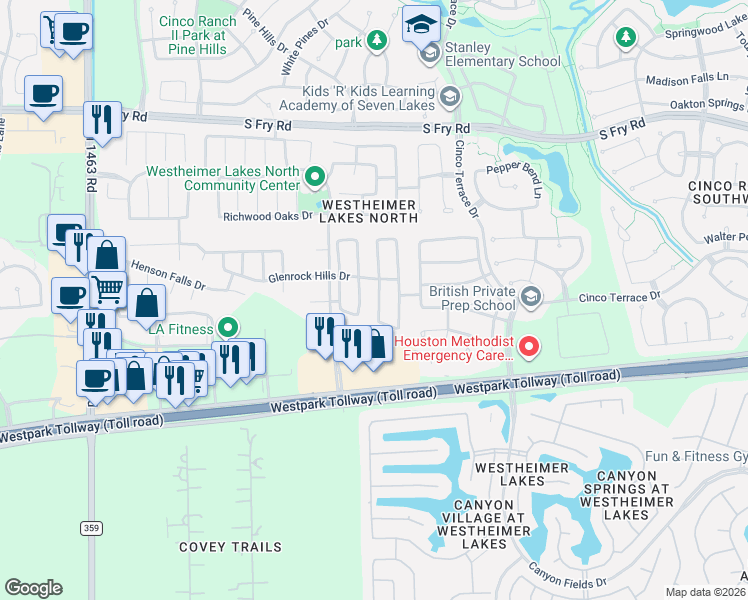 map of restaurants, bars, coffee shops, grocery stores, and more near 6403 Richland Hills Drive in Katy