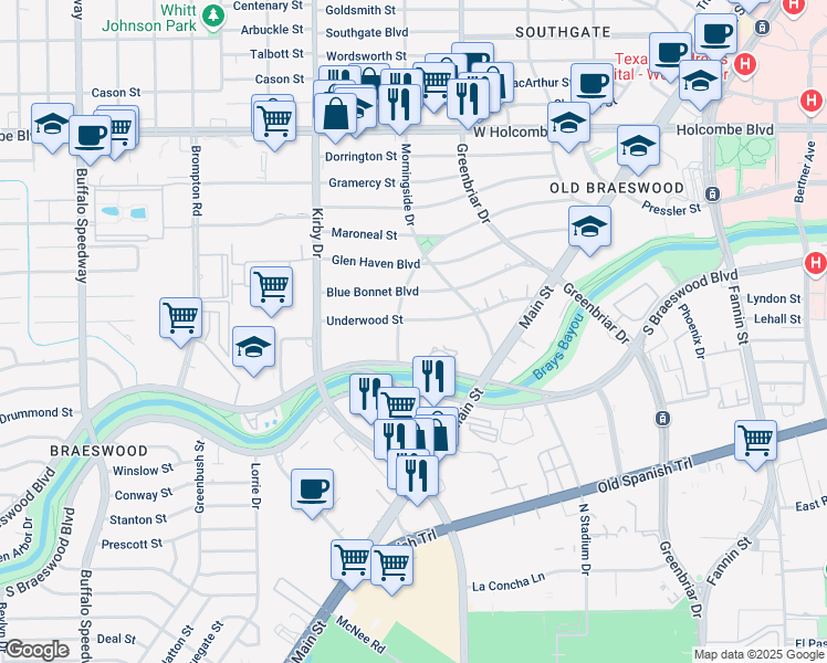map of restaurants, bars, coffee shops, grocery stores, and more near 2356 Underwood Street in Houston