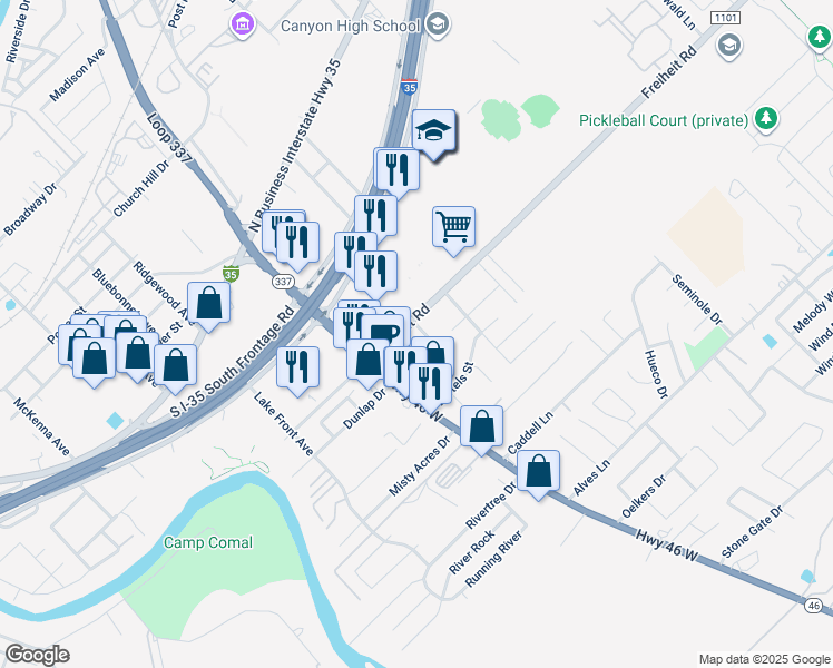 map of restaurants, bars, coffee shops, grocery stores, and more near 512 Advantage Drive in New Braunfels