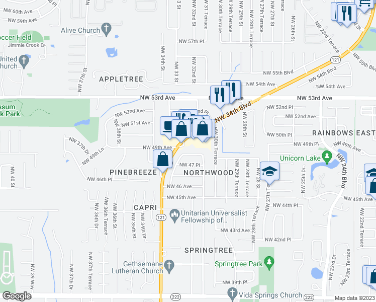 map of restaurants, bars, coffee shops, grocery stores, and more near 3216 Northwest 48th Place in Gainesville