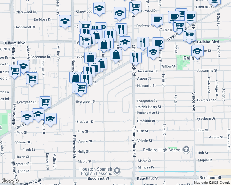 map of restaurants, bars, coffee shops, grocery stores, and more near 5536 Aspen Street in Houston