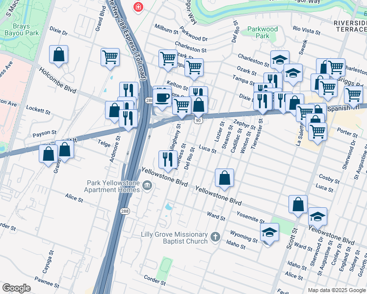map of restaurants, bars, coffee shops, grocery stores, and more near 6714 Peerless Street in Houston