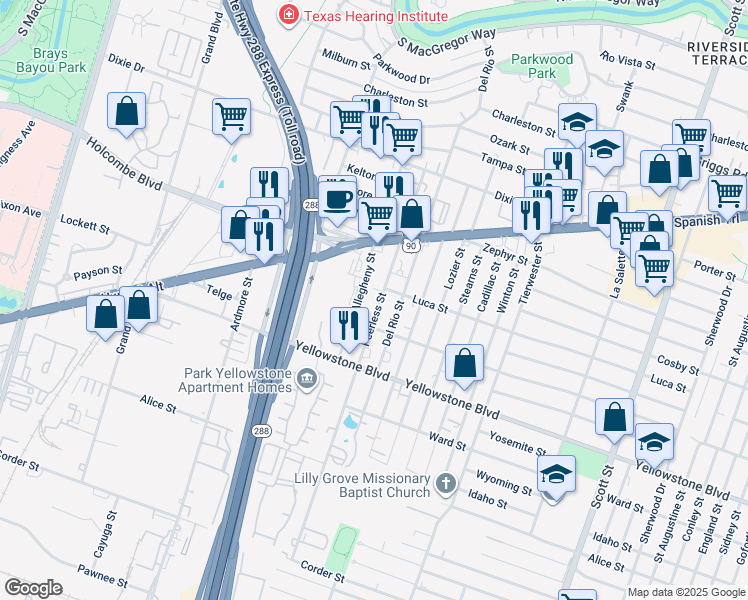 map of restaurants, bars, coffee shops, grocery stores, and more near 6714 Peerless Street in Houston