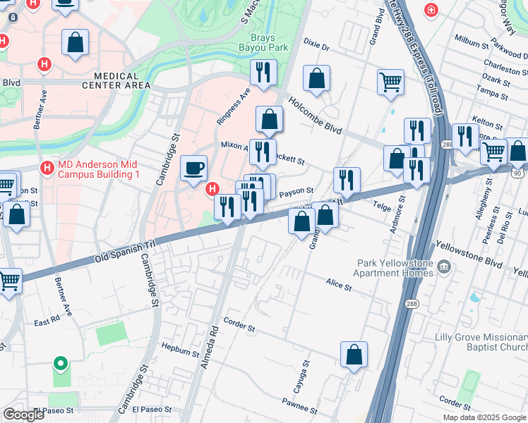 map of restaurants, bars, coffee shops, grocery stores, and more near 2906 Payson Street in Houston