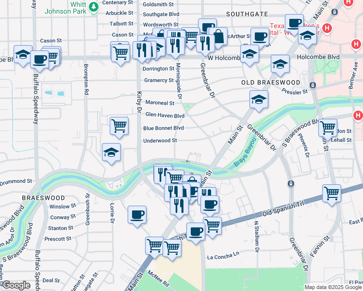 map of restaurants, bars, coffee shops, grocery stores, and more near 2356 Underwood Street in Houston