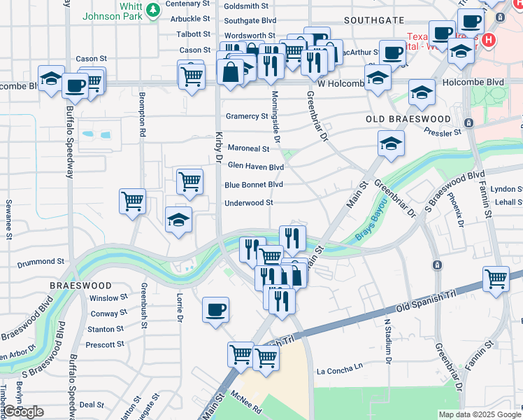 map of restaurants, bars, coffee shops, grocery stores, and more near 2356 Underwood Street in Houston