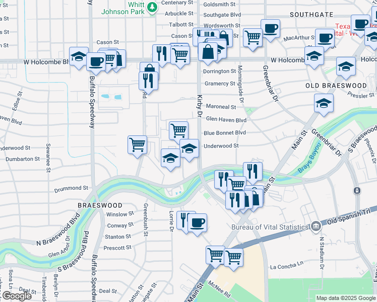 map of restaurants, bars, coffee shops, grocery stores, and more near 7500 Kirby Drive in Houston