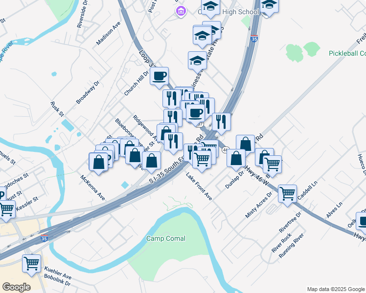 map of restaurants, bars, coffee shops, grocery stores, and more near 1063 Interstate Highway 35 South in New Braunfels