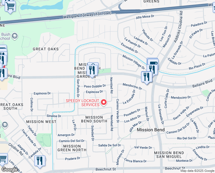 map of restaurants, bars, coffee shops, grocery stores, and more near 16211 Paso Dobble Drive in Houston
