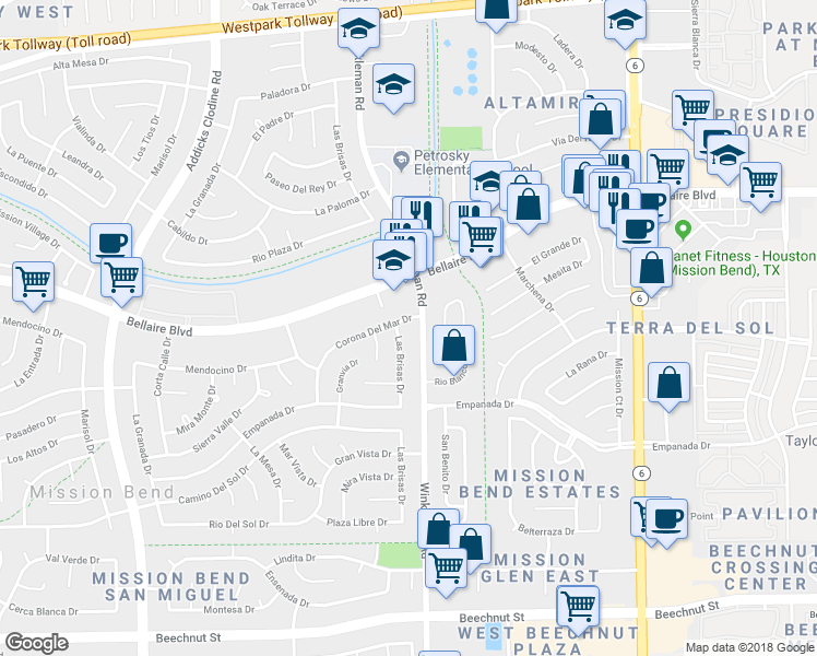 map of restaurants, bars, coffee shops, grocery stores, and more near 15111 Corona Del Mar Drive in Houston