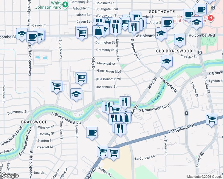 map of restaurants, bars, coffee shops, grocery stores, and more near 2356 Underwood Street in Houston