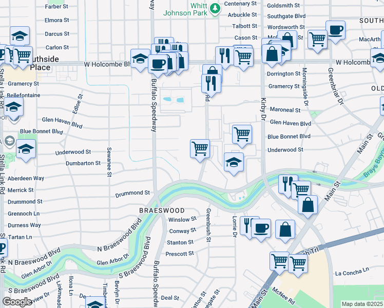 map of restaurants, bars, coffee shops, grocery stores, and more near 7510 Brompton Street in Houston
