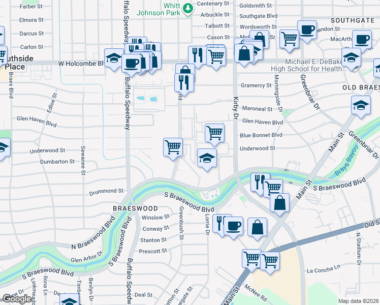 map of restaurants, bars, coffee shops, grocery stores, and more near 7520 Brompton Street in Houston