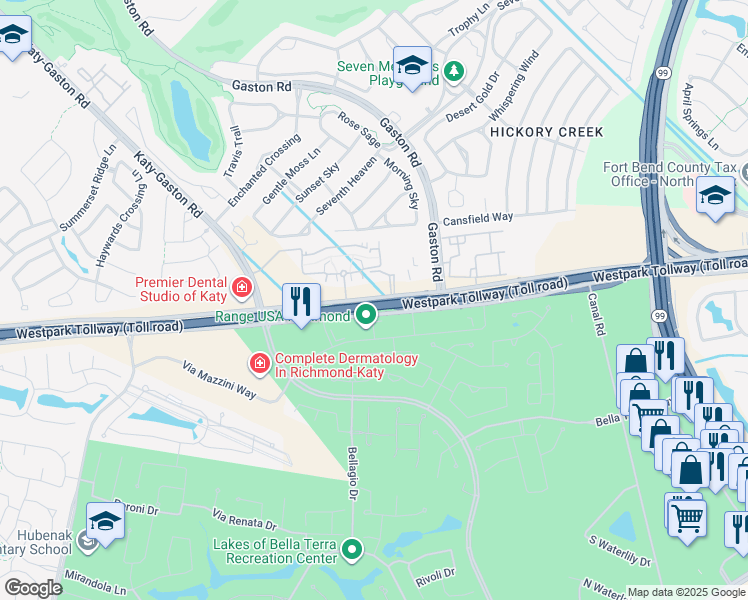 map of restaurants, bars, coffee shops, grocery stores, and more near 23612 Farm to Market 1093 in Richmond