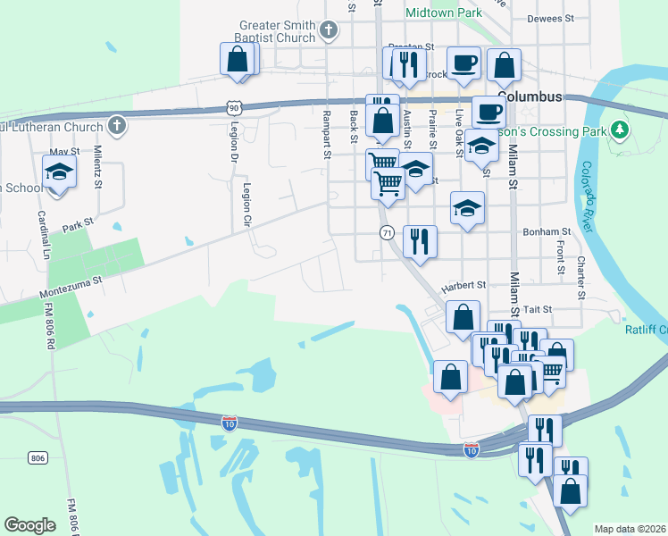 map of restaurants, bars, coffee shops, grocery stores, and more near 1608 Rampart Street in Columbus