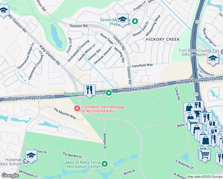 map of restaurants, bars, coffee shops, grocery stores, and more near 23606 Farm to Market 1093 in Richmond