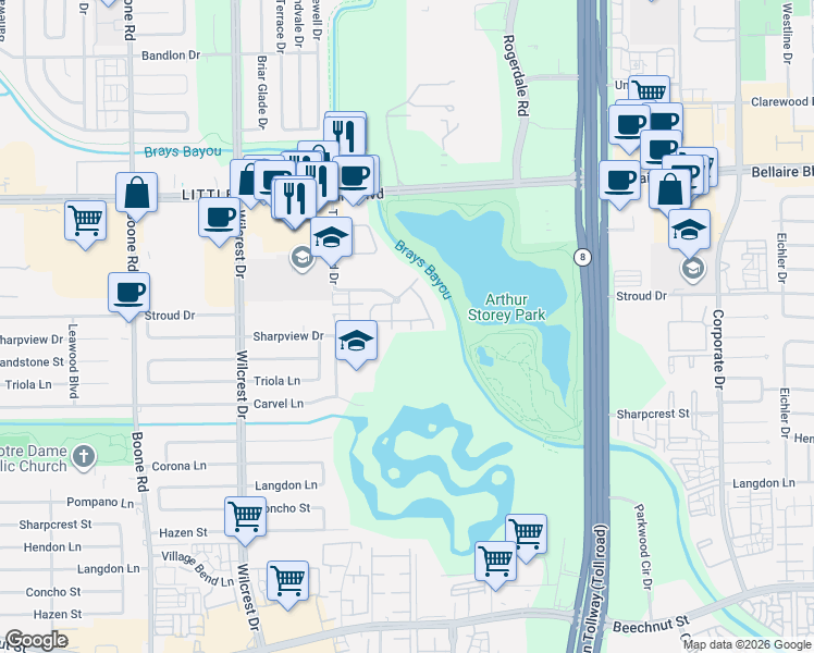 map of restaurants, bars, coffee shops, grocery stores, and more near 10555 Turtlewood Court in Houston