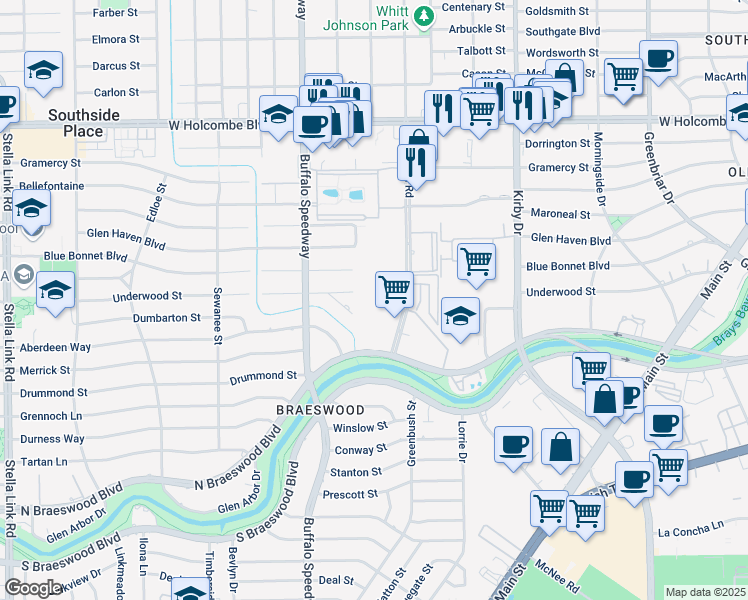 map of restaurants, bars, coffee shops, grocery stores, and more near 7510 Brompton Road in Houston