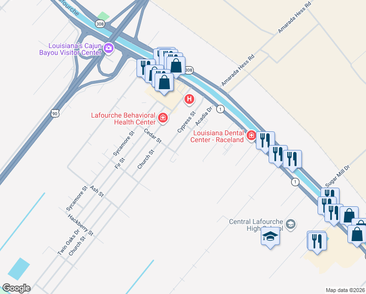 map of restaurants, bars, coffee shops, grocery stores, and more near Magnolia Drive in Raceland