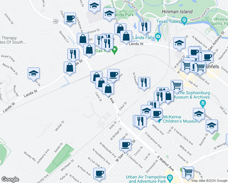 map of restaurants, bars, coffee shops, grocery stores, and more near 619 Stadtbach Street in New Braunfels