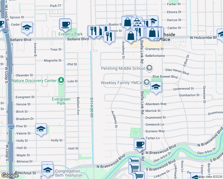 map of restaurants, bars, coffee shops, grocery stores, and more near 4119 Underwood Street in Houston