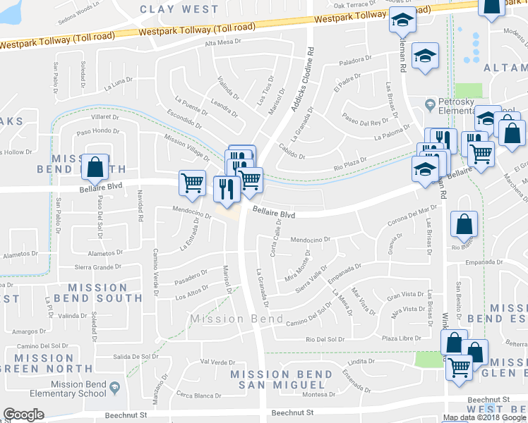map of restaurants, bars, coffee shops, grocery stores, and more near 7908 Bellaire Boulevard in Houston
