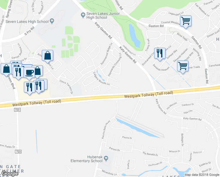 map of restaurants, bars, coffee shops, grocery stores, and more near Haywards Crossing South Circle in Katy