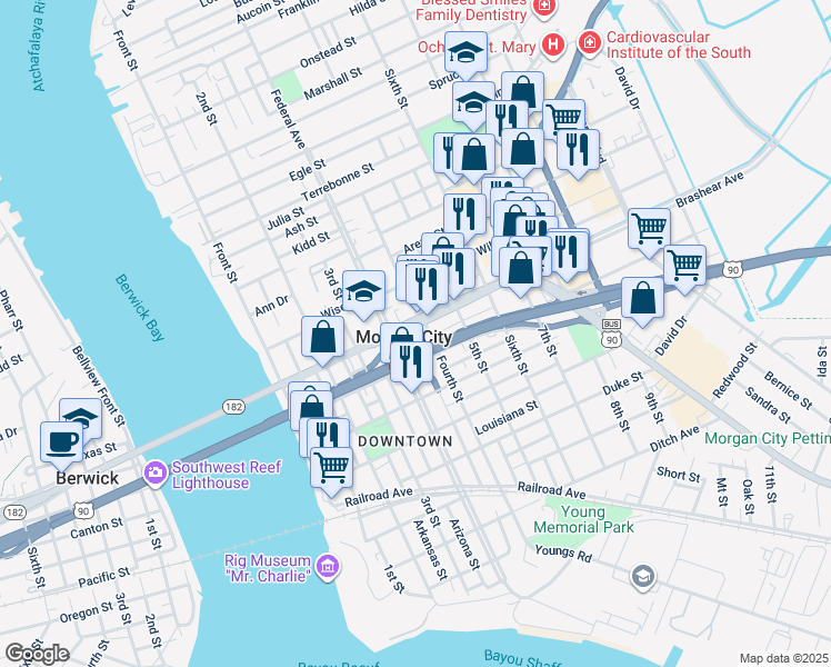 map of restaurants, bars, coffee shops, grocery stores, and more near 601-623 Brashear Avenue in Morgan City