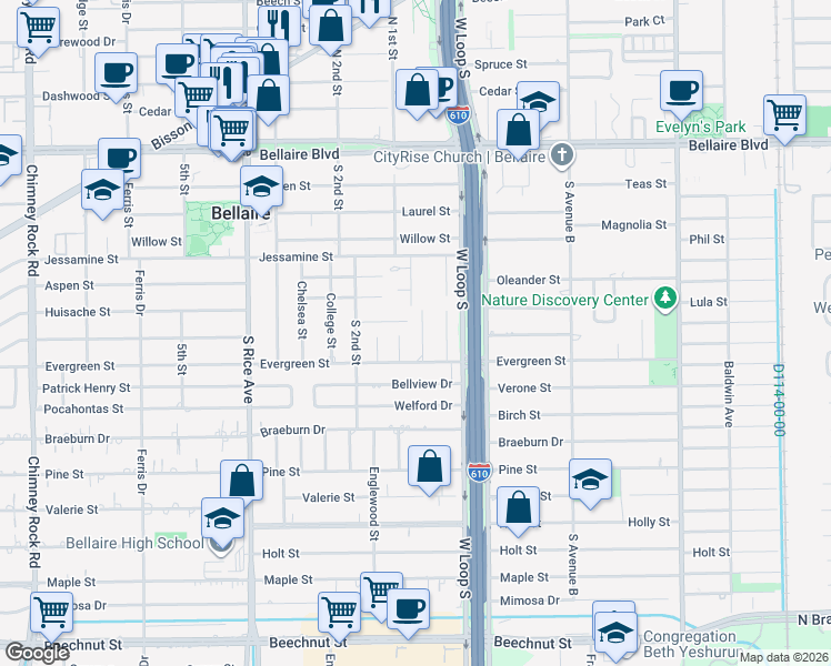 map of restaurants, bars, coffee shops, grocery stores, and more near 534 Wisteria Street in Bellaire
