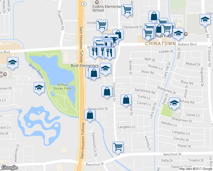 map of restaurants, bars, coffee shops, grocery stores, and more near 1706 Corporate Drive in Houston