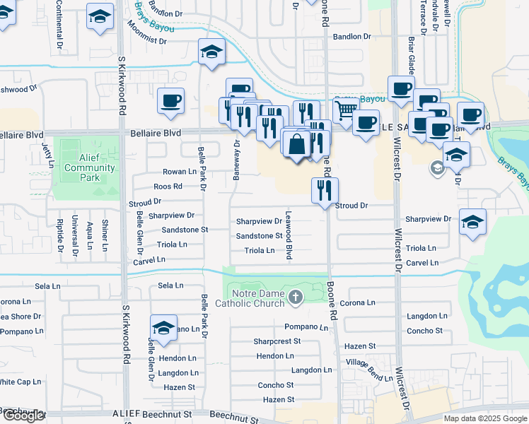 map of restaurants, bars, coffee shops, grocery stores, and more near 11310 Stroud Drive in Houston