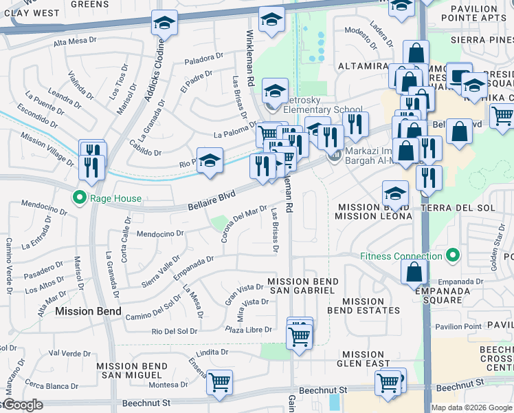 map of restaurants, bars, coffee shops, grocery stores, and more near 15135 Bellaire Boulevard in Houston