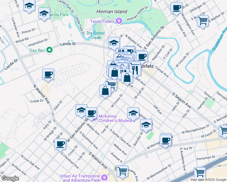 map of restaurants, bars, coffee shops, grocery stores, and more near 100 South Academy Avenue in New Braunfels