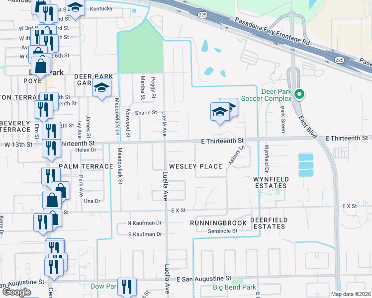 map of restaurants, bars, coffee shops, grocery stores, and more near 1129 East Thirteenth Street in Deer Park