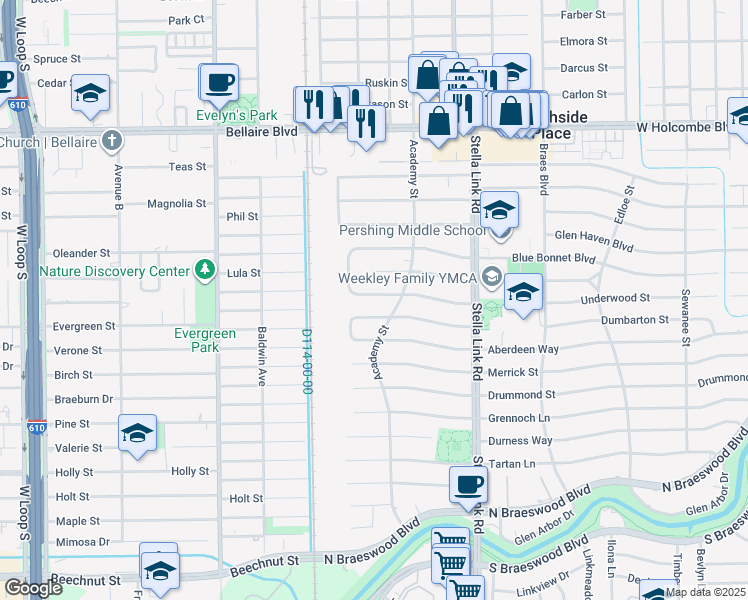 map of restaurants, bars, coffee shops, grocery stores, and more near 4119 Underwood Street in Houston