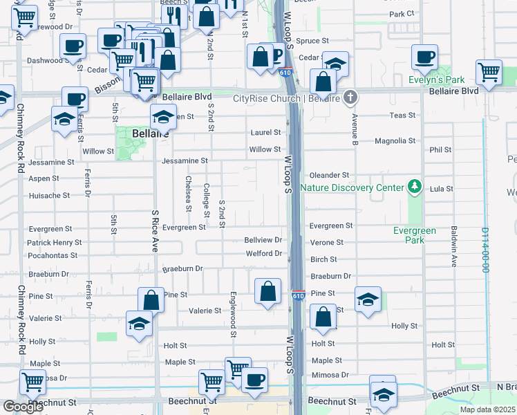 map of restaurants, bars, coffee shops, grocery stores, and more near 540 Wisteria Street in Bellaire