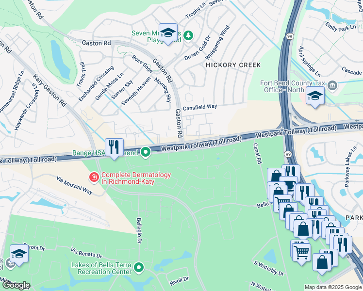 map of restaurants, bars, coffee shops, grocery stores, and more near 23887 Farm to Market 1093 Road in Richmond