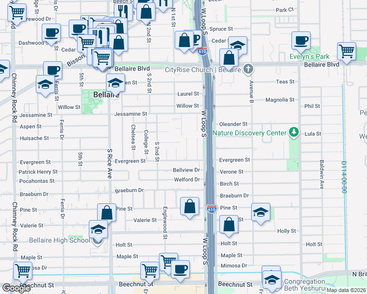 map of restaurants, bars, coffee shops, grocery stores, and more near 540 Wisteria Street in Bellaire