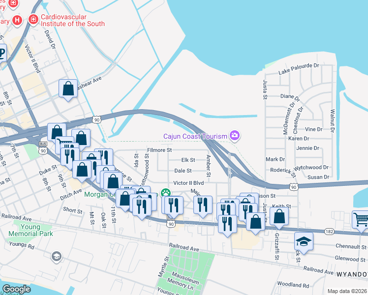 map of restaurants, bars, coffee shops, grocery stores, and more near 1725 Filmore Street in Morgan City