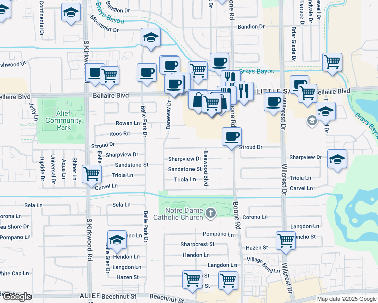 map of restaurants, bars, coffee shops, grocery stores, and more near 11310 Stroud Drive in Houston